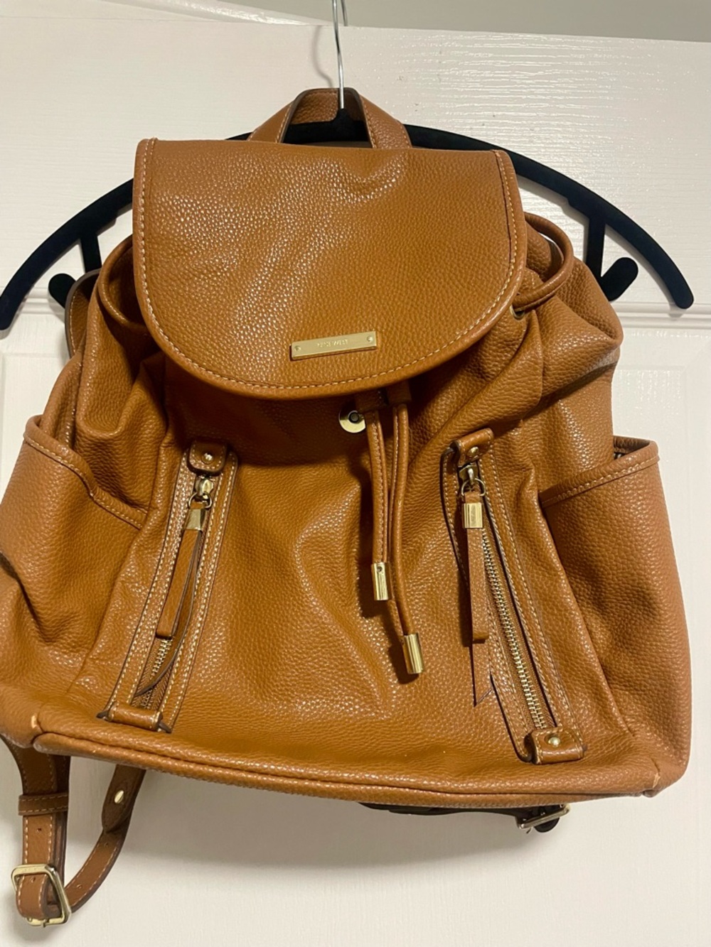 Nine West Pebbled Leather Backpack in Cognac Brown with Gold Hardware